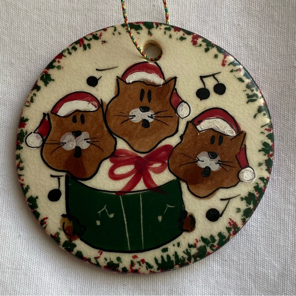 Cat Ornament Vintage Hand Painted Ceramic Red Green Spongeware Disc Circle Cats